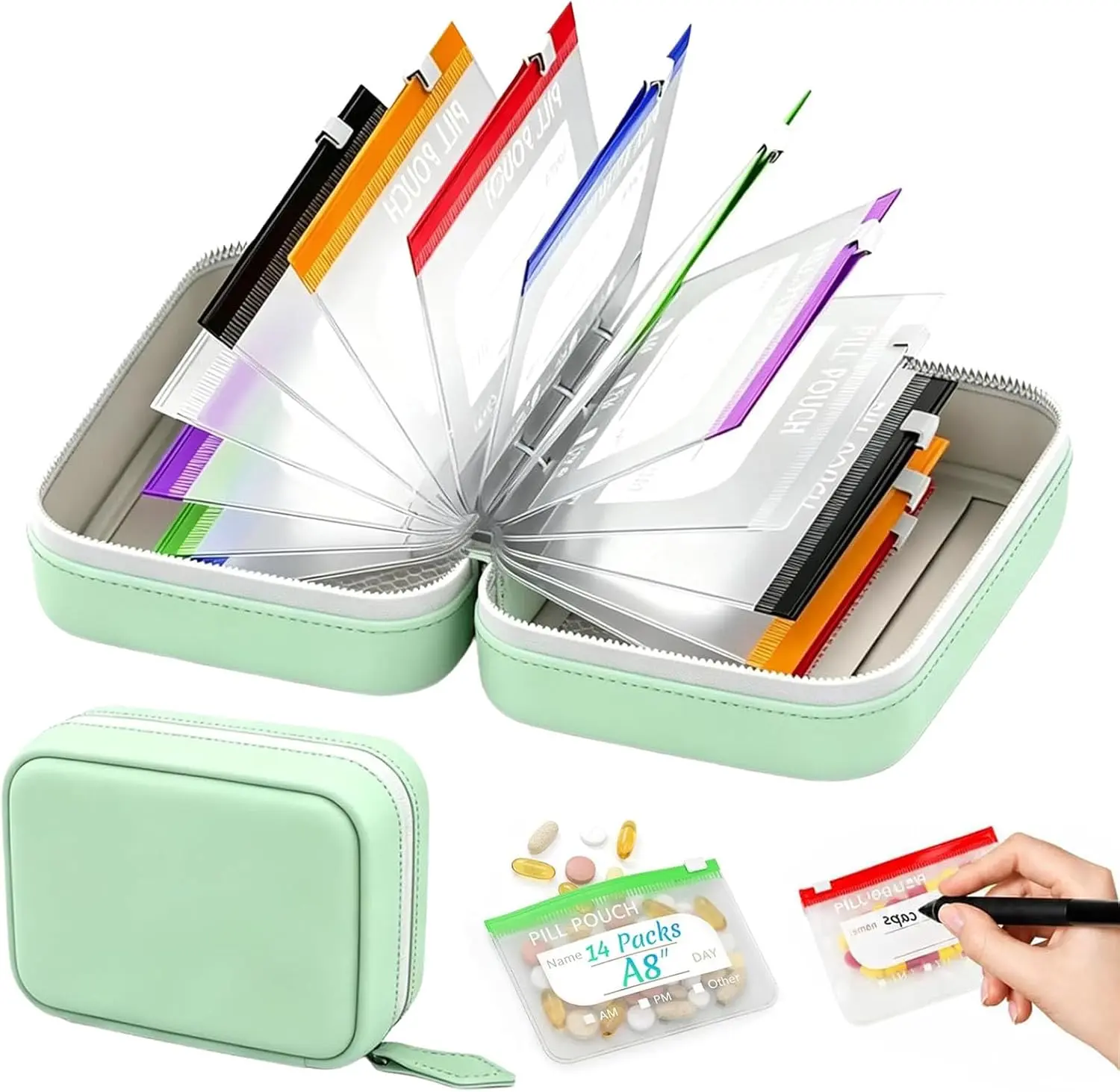 Waterproof Pill Pouch Set, 14pcs Bags Inside, A8 Waterproof Pill Organizer Set, 7 to 14 Days of Meds,Zippered Pill Storage for Fish Oils, Vitamins, Reusable Pocket Pharmacy with Color-Coded Labels dealsforyou, summerwins