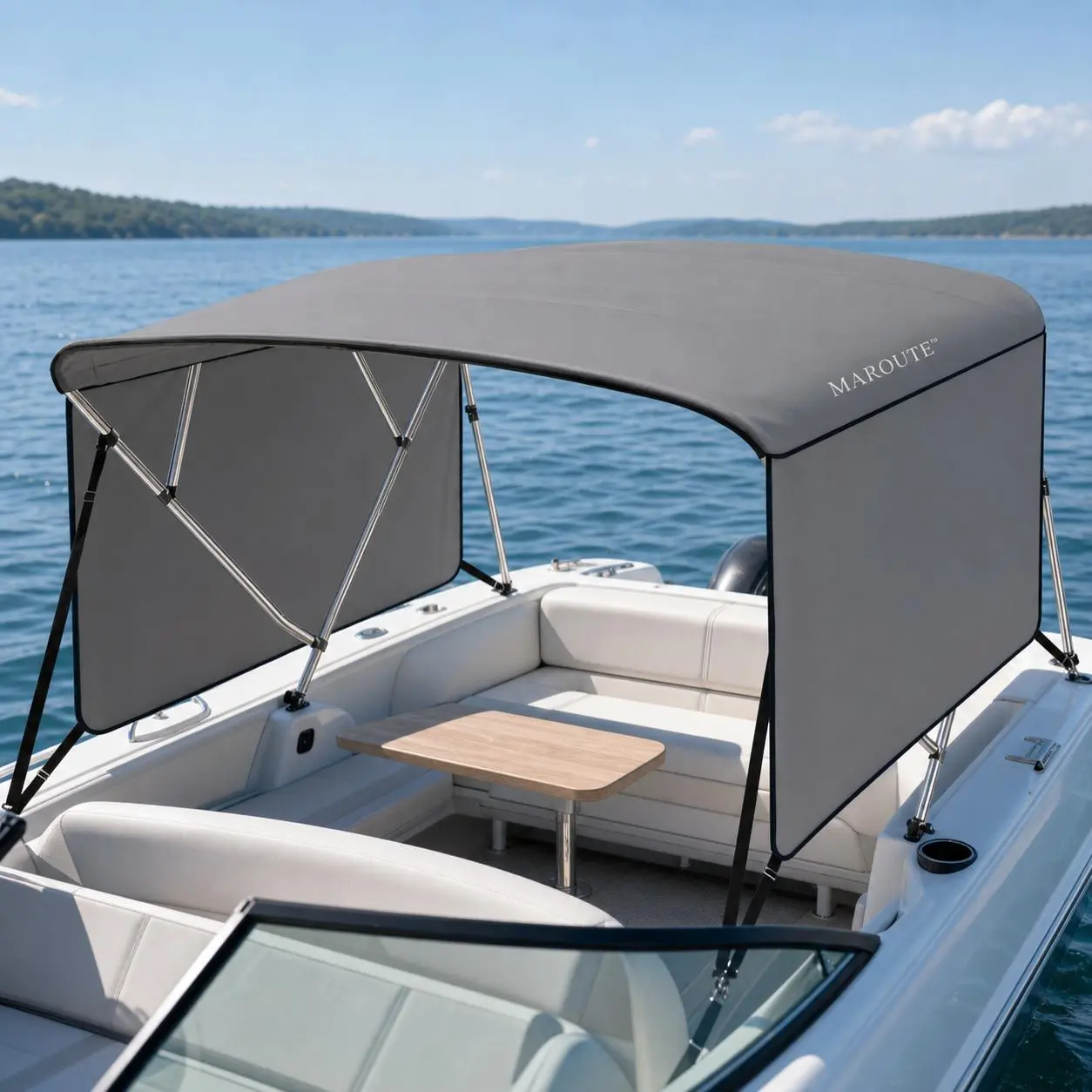 Garvee 3 Bow Boat Bimini Top with Removable Side Curtains, Durable Marine-Grade Canvas, Adjustable Support Poles, and Easy Installation for Optimal Sun Protection and Comfort, 8'L*54"H*79"-84"W Light Grey