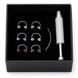 6Pcs Titanium 20G 7/8mm Horseshoe Nose Ring(Free Gem Picker Tool) Internally Threaded Gems Lightweight