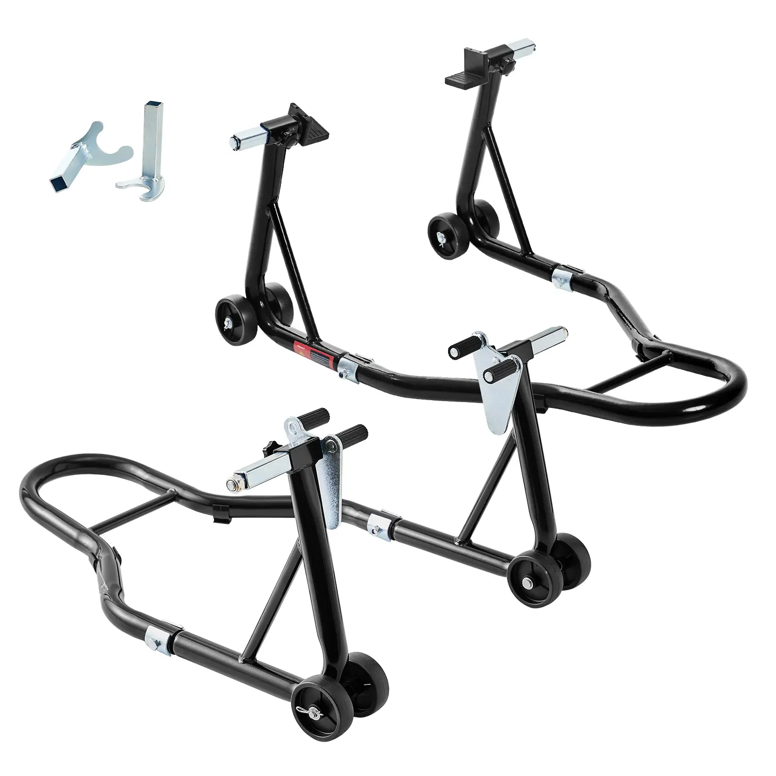 Motorcycle Paddock Stands - 850 lbs Capacity High-Capacity Sport Bike Front & Rear Wheel Lift, U+L Design with PP Wheels & Protection Pads, Adjustable Arm Steel Swingarm Style for Maintenance, Easy Assembly, Black