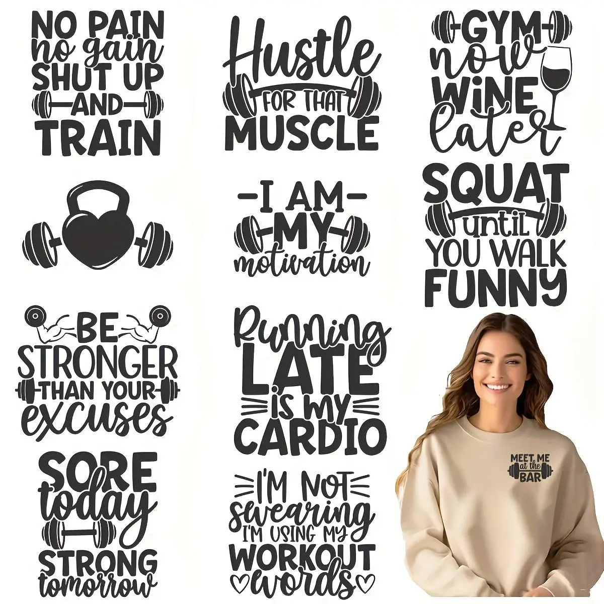 Gym Motivation DTF Transfer Sticker Craft Supplies, 12pcs/set Motivational Inspirational Quotes Fitness Decal, Washable Heat Transfer Design for T-shirts, Masks, Jeans & Backpacks