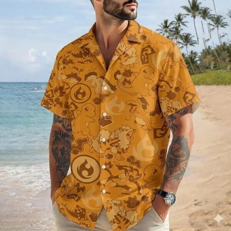 FireType PoKebaII Hawaiian Shirt, Aloha Beach Shirt, P.k.M Game Matching Hawaiian Tee, Anime MonstersShirt Gift For Him
