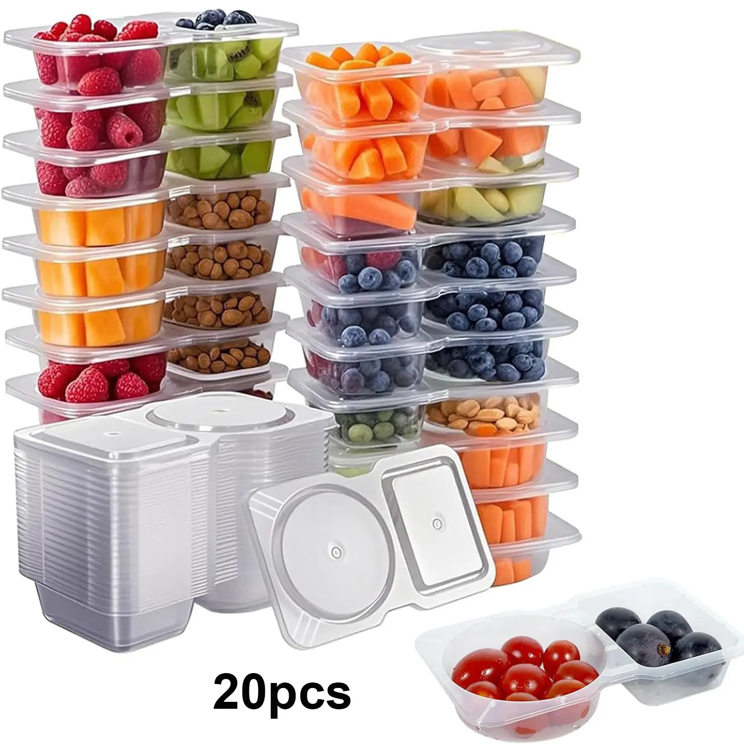 20-Piece BPA-Free Reusable 2-Compartment Snack Lunch Box Set with Lids, Stackable Kitchen Storage Containers, Leak-Proof Condiment Jars for Packing Lunch for My Kid, Camping, Travel