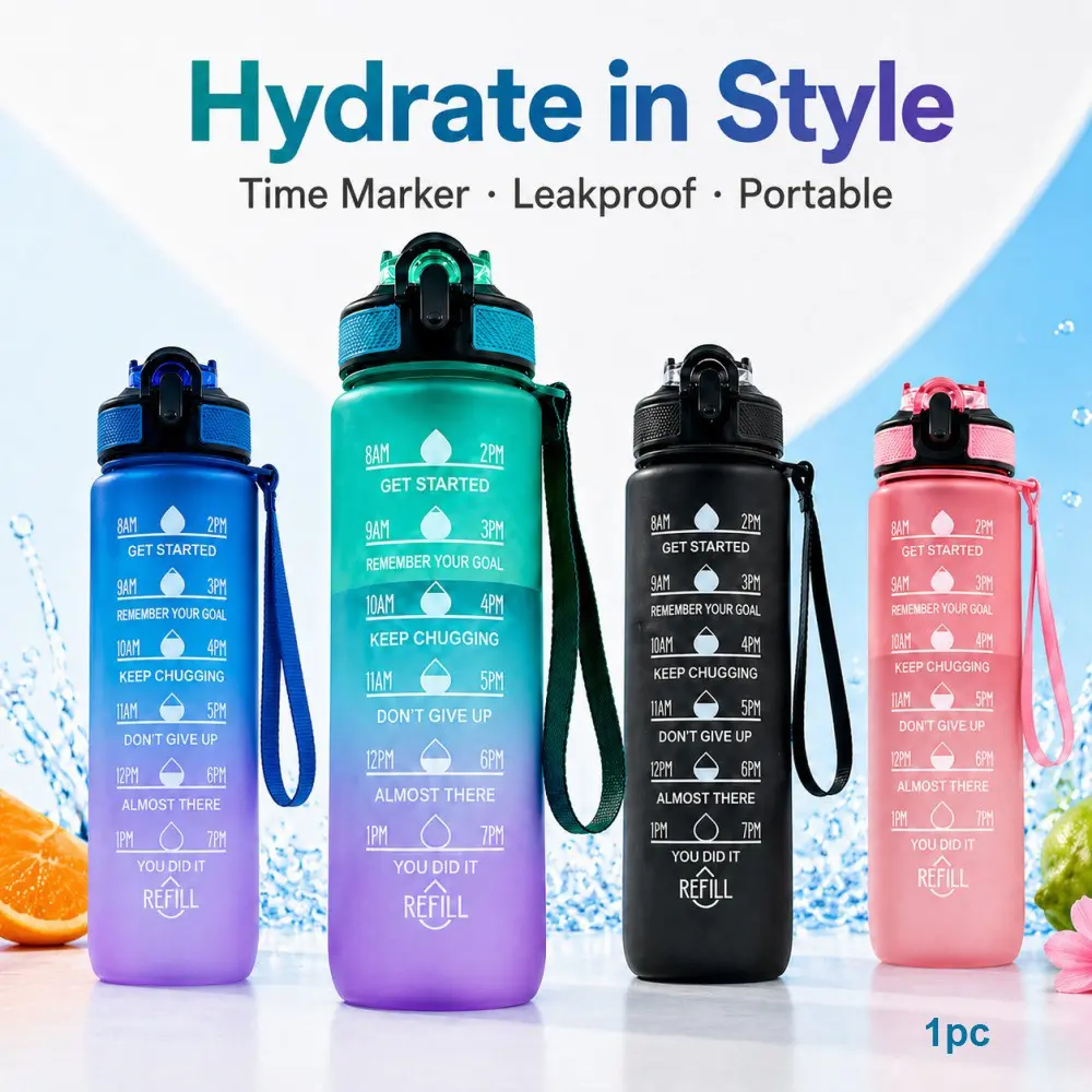 1000ml Sport Hydration Bottle with Time Marker, Flip Lid & Straw, Spill Proof Drink Cup Portable Gradient Plastic Sports Water Bottle for Women Men, Gym Yoga Hiking Office Travel BPA Free
