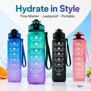 1000ml Sport Hydration Bottle with Time Marker, Flip Lid & Straw, Spill Proof Drink Cup Portable Gradient Plastic Bottle for Women Men, Gym Yoga Hiking Office Travel BPA Free
