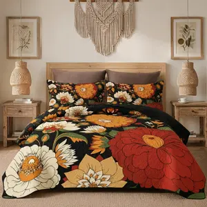 King Size (106in×96in) 3-Piece Breathable Boho Floral Dark Botanical Print Quilt Set for Hot Sleepers, Reversible Lightweight Microfiber Bedspread Coverlet with 2 Shams, Mid-Century Leaves Bedding, Rustic All-Season Bed Comforter, Mothers' Day Gift