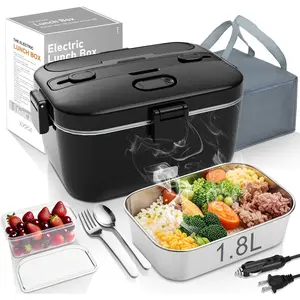 Electric-Lunch-Box-Heated--Warmer 100W Heating Lunchbox for Adults 1.8L Portable  Heater for Work/, 12V/24V/110-230V Lonchera Electrica Portatil with Fork Spoon (Black)