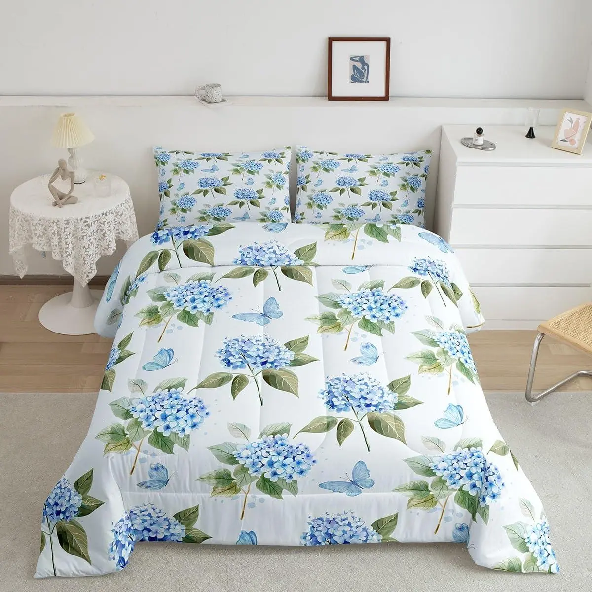 Feelyou Chic Look Floral Print Bedding Set - Blue Hydrangea & Green Leaves Design with Butterfly Motif, Multi-Size Duvet Insert/Comforter, Set Includes Bedroom Decor Essentials