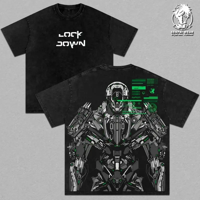 Lockdown Graphic Tee Vintage Washed Shirt Unisex Streetwear Mecha Merch Bounty Hunter Tee Robot T-Shirt Gift for Movie Lovers