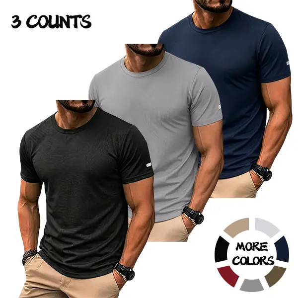 Men's 3-Pack Minimalist Plain Short-Sleeve Crew Neck T-Shirts, Stretch Breathable Skin-Friendly Fabric, Slim Fit with Sleeve Cuff Details, Suitable for Work Commuting & Casual Wear
