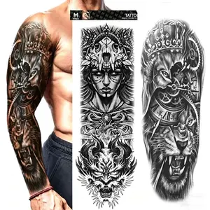 8 Full-Arm Tattoo Stickers: Crown, Lion, Skull, Angel, Wolf, Rose, Clock; Waterproof Tattoo Stickers