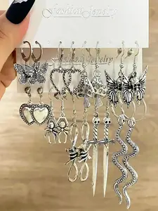 ZYNE Butterfly, Heart, Mushroom, Snake, Texture Metal Design Dangle Earrings (9 Pairs), Casual Alloy Jewelry for Women & Girls, Style for Party, Daily Clothing Decor, Birthday Gift