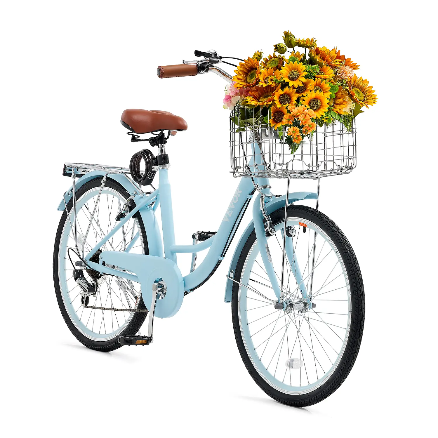 VEVOR 24-Inch Classic Beach Cruiser Bike for Adults, 7-Speed with Sturdy Steel Frame & Convenient Cargo Capacity, Ideal for Casual Cruising, Light Blue, Sturdy Frame, 7-Speed Gears, Beach Cycling, Upright Ride, Multi-Size, Adjustable Seat, Casual Bikes