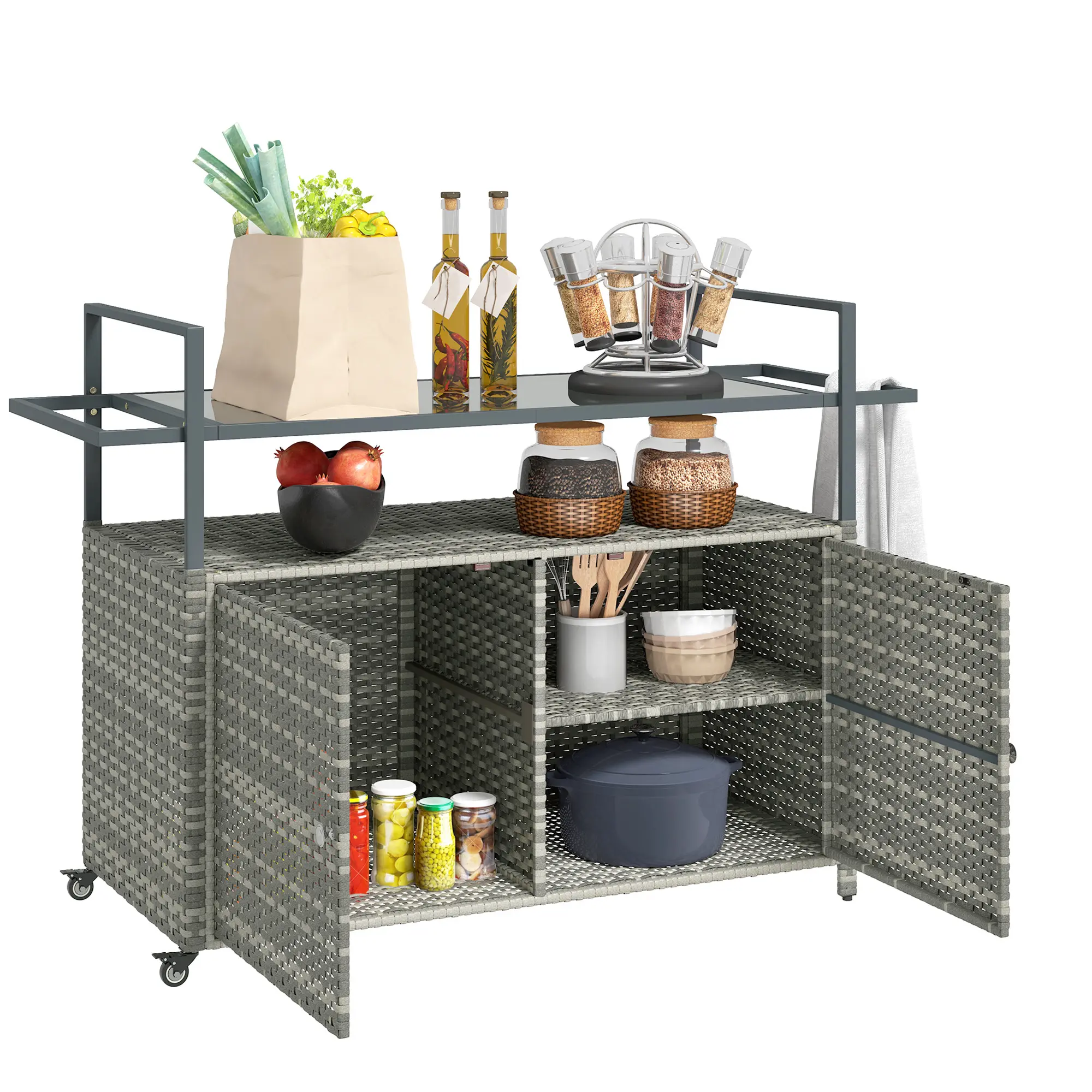 2-Tier PE Rattan Outdoor Bar Table with Glass Top, Cabinet-Equipped Outdoor Serving Cart, Mixed Gray (Home Improvement, Garden Supplies)