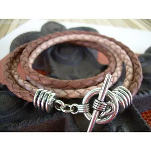 Leather Bracelet,  Two Strand, Double Wrap, Natural Braid/Saddle Braid, Mens Jewelry, Mens Bracelet