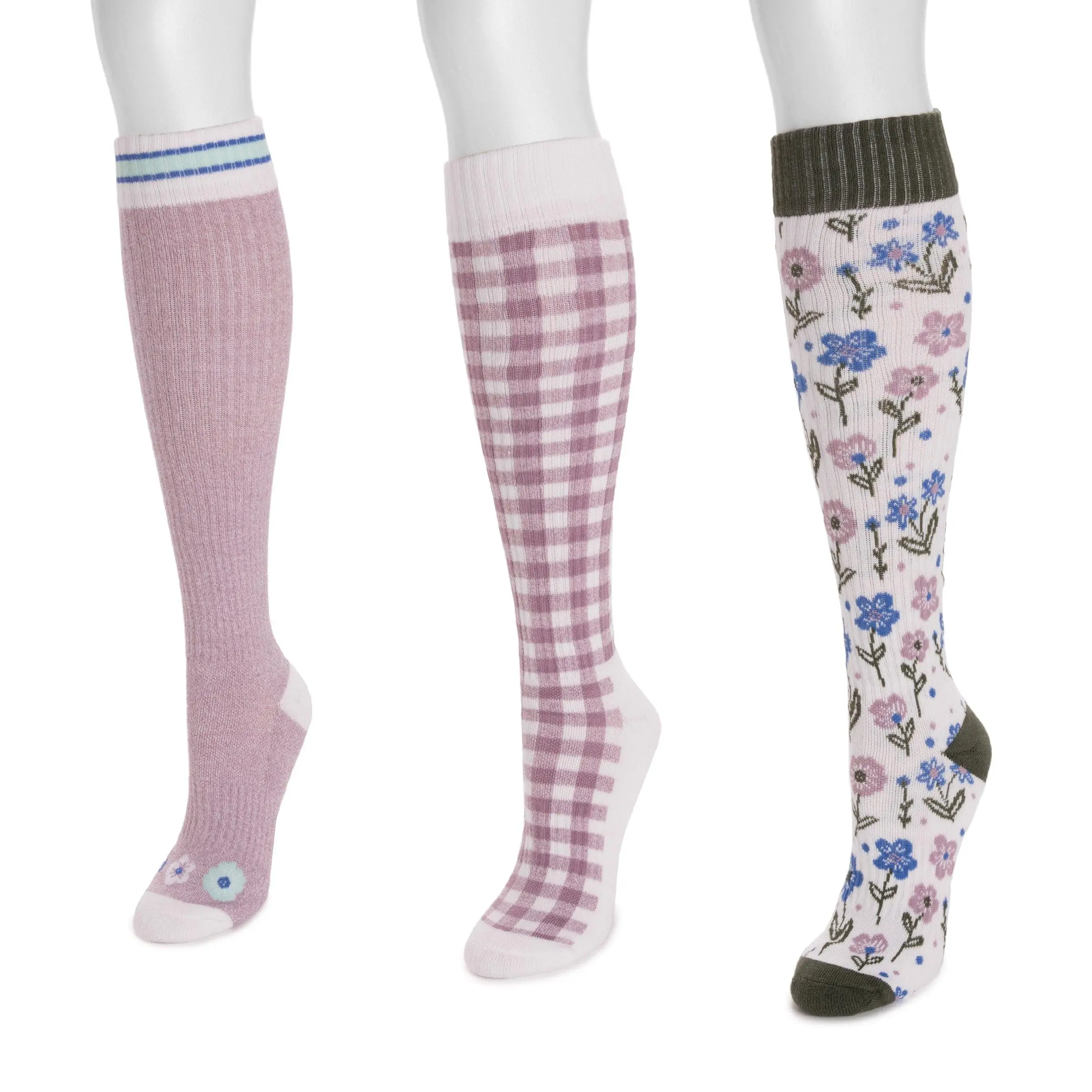 Women's 3-Pack Mild Compression Knee-High Socks - Ribbed Cotton-Spandex Fabric, Arch Support, Fits Everyday Leg Comfort for All-Day Wear, Assorted Patterns