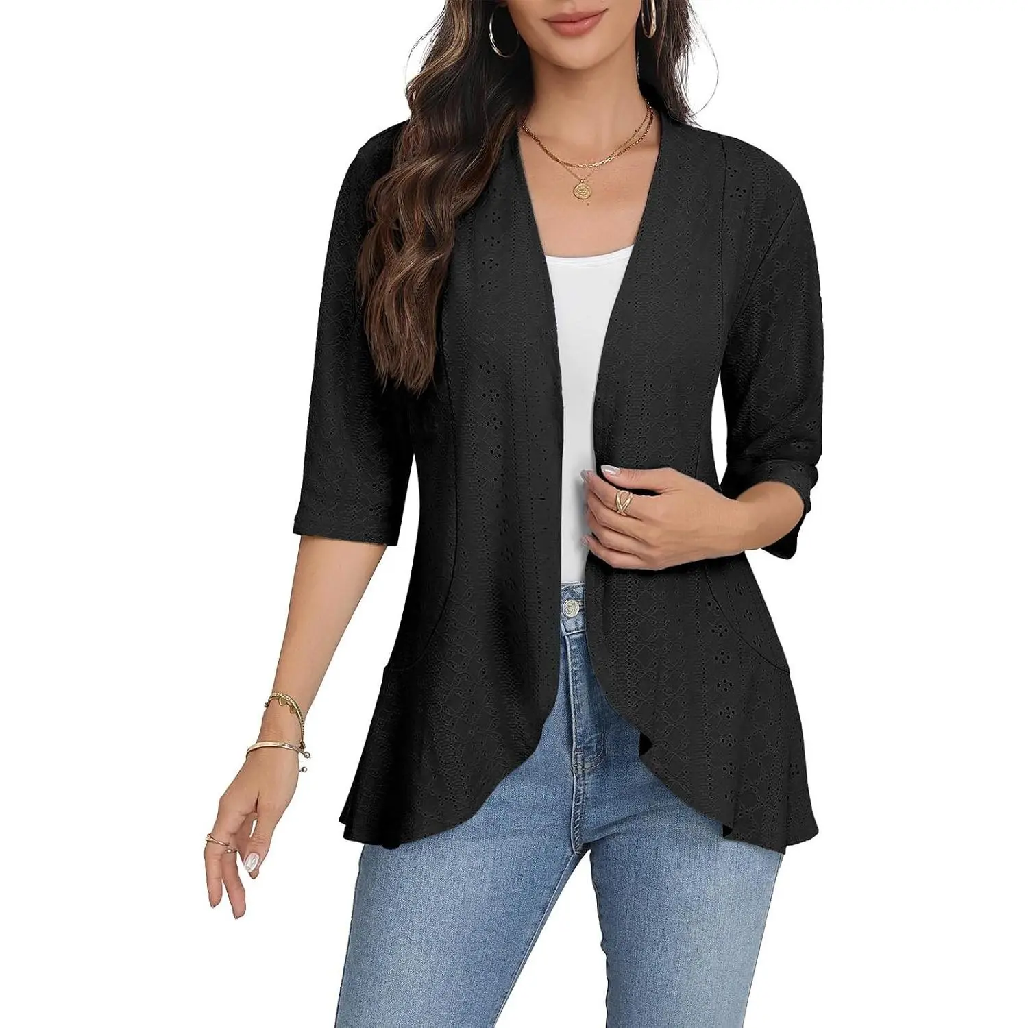 Women Cardigan 3/4 Sleeves Open Front Lightweight Soft Netted Knit Draped Ruffles Cardigan Kimono Cover Ups