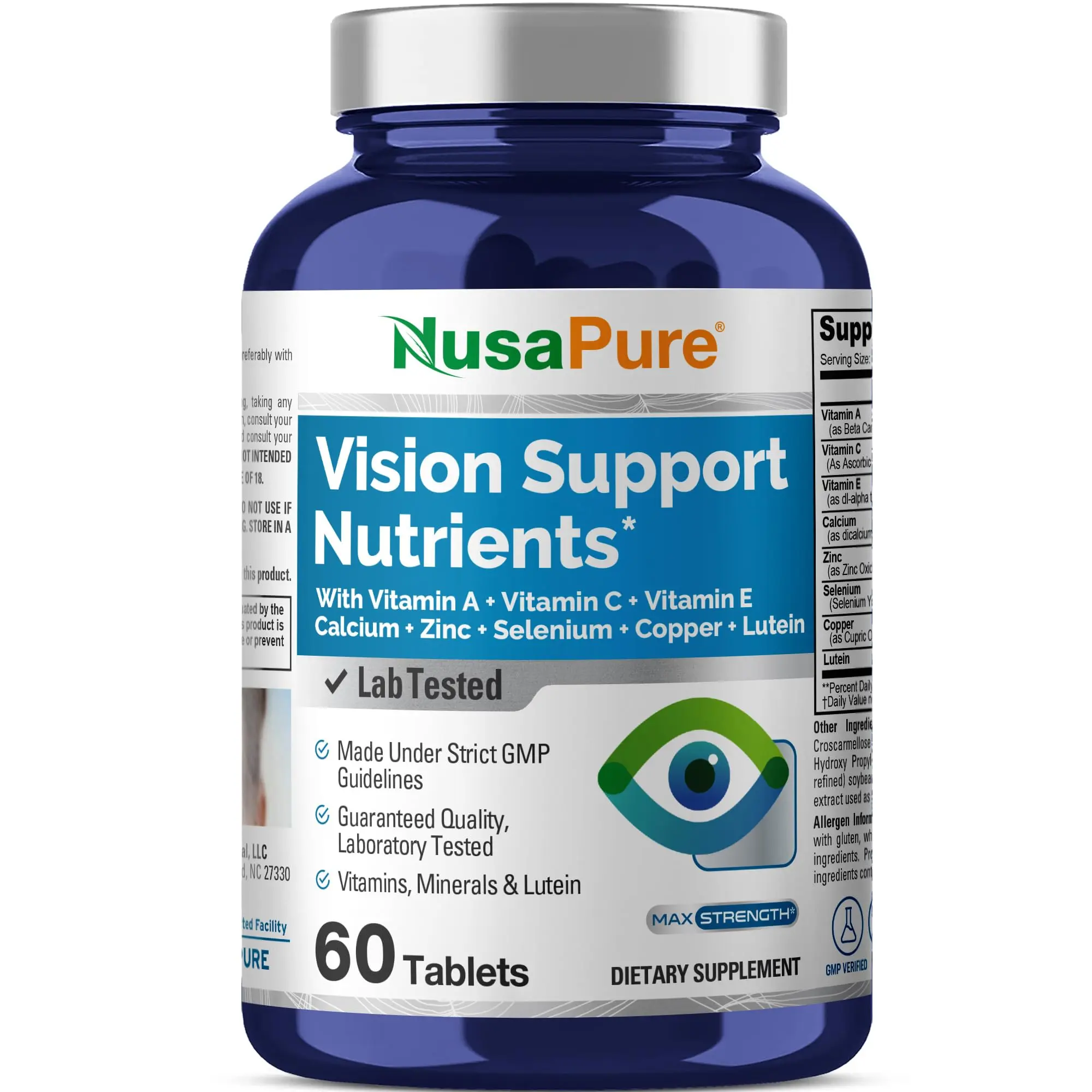 NusaPure Edible Vision Support Multi-Mineral Vitamin Supplement - Vitamin A, C, E, Calcium, Zinc, Selenium, Copper, Lutein, 60 Tablets, Non-GMO, Nicotine-Free Dietary Supplement, Vitamin C