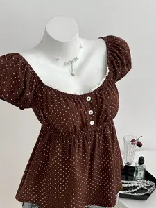 Vintage Coquette Milkmaid Top | Brown Polka Dot Puff Sleeve Blouse with Delicate Lace Trim