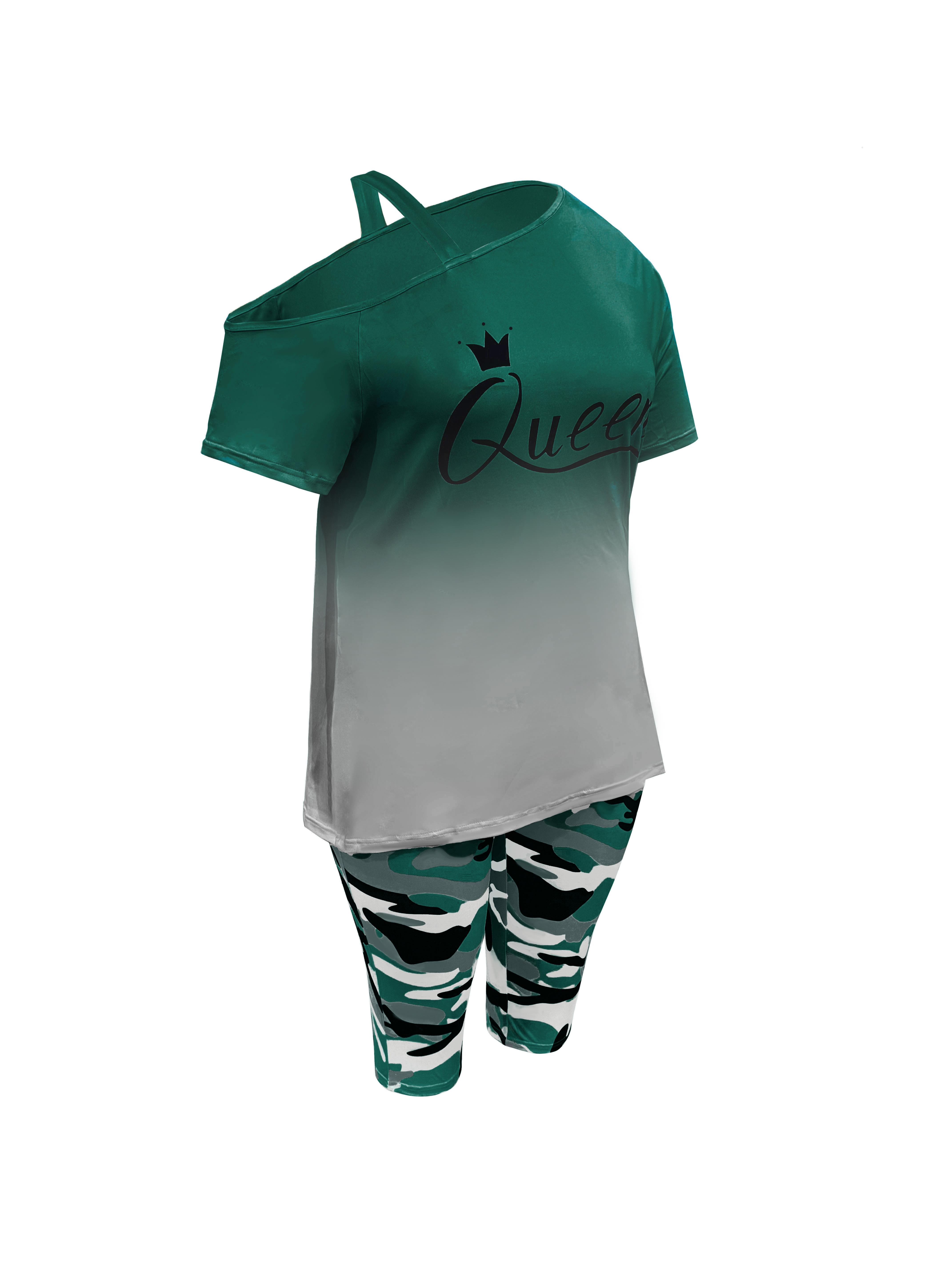 Women's 2-Piece Casual Chic Cowl Neck Shortsleeve Outfits - "Queen" Lettering Camisole, Camouflage Shorts, Casual Vacation Wear, Casual Chic Set