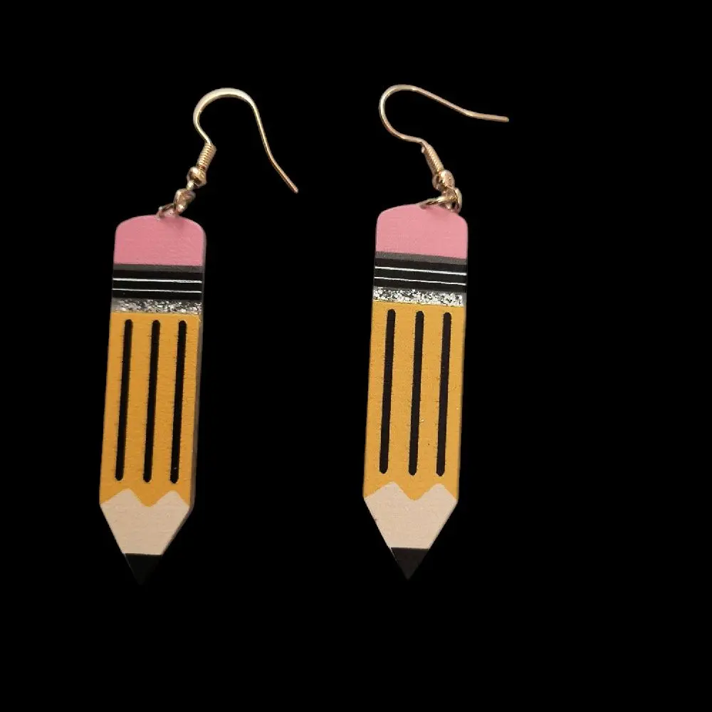 Wood Pencil Earrings - Single Pencil Design with Pink Accents