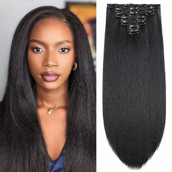 Yaki Straight Seamless Synthetic Hair Clip in Extensions with Synthetic Hair Yaki Straight Clip Ins 7Pcs Per Set Natural Black (Yaki Stright, 18Inch) instant length