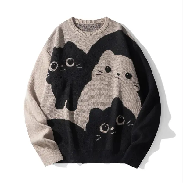 Men's Cat Jacquard Pullover, Classic American Retro Polyester Knit, Stylish Casual Loose Fit Longsleeves, Crew Neck, Casual Loose Cardigan, Knitted Clothes, Soft, Menswear, Knitwear, Round Neck, Sweater, Tops, Loose Fitting