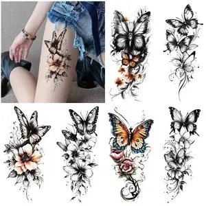 6 pieces of temporary tattoos for women - waterproof, featuring colorful patterns of butterflies, roses and flowers; suitable for arms and thighs, water-transferable, realistic, one-time use stickers