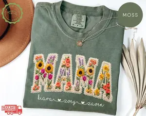 Comfort Colors Personalized Mama Shirt With  Names Faux Embroidery Effect Mama Gift For Mothers Day Custom Mom Gift,Not Real Embroidery