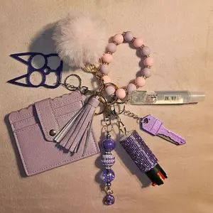 Beautiful Keychain Set with Purple Beads, Card Holder, and Sparkly Charm for Stylish Accessory