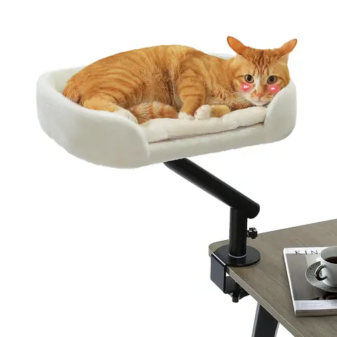 PAWZ Road Double Perch Clamp-on Cat Window Perch, 360° Rotatable Desk Mount Cat Bed with Removable Fluffy Cushion, Hold Up to 50Lbs for Multiple Cats, Sturdy Wood Kitten Hammock for Desk Table#DealsForYouDays