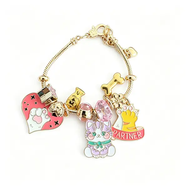 Cute Cartoon Cat Paw Charm Bracelet, Gold Snake Chain Beaded Bracelet with Kitten, Bone, Money Bag & Pink Crystal Charms, Aesthetic Kawaii Animal Wrist Jewelry, Lovely Friendship Gift for Teen Girls Women