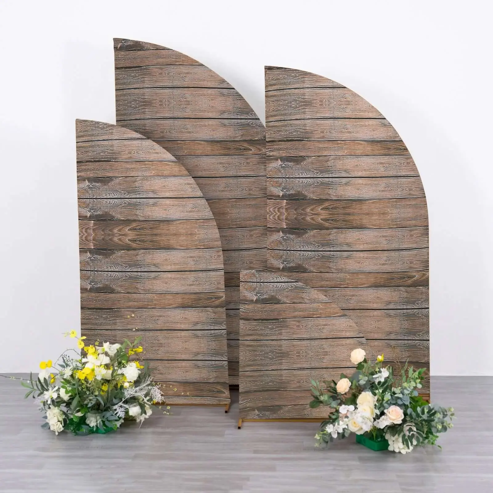 4-Piece Brown Spandex Chiara Wedding Arched Backdrop Fitted Covers with Rustic Wood Print - For Half Moon Stands (2.5ft-7ft Sizes), Indoor Party Decoration Supplies, Baby Shower & Ceremony Use