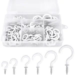 90 Pcs White Ceiling Hooks kit, 6 Sizes Vinyl Coated Screw-in Plant, Kitchen, Cup, Ceiling Hooks for Hanging (1/2in, 5/8in,3/4in,7/8in,1'',1-1/4in)