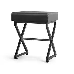 Square Faux Leather Footstool, Makeup Vanity Stool with Sturdy Metal Legs, Adjustable Feet, for Bedroom, Living Room & Entryway