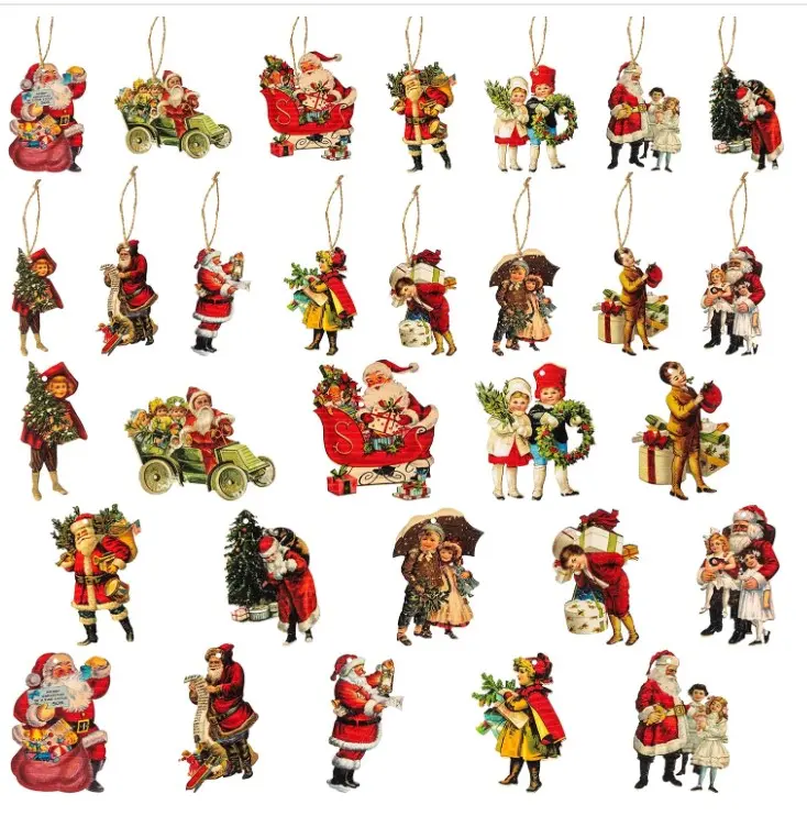 Christmas Vintage Hanging Ornaments - 46Pcs Xmas Victorian Style Banner Santa Claus Child Wood Ornaments Decorations, Christmas Party Theme Decoration Anniversary or Christmas for Party Decor