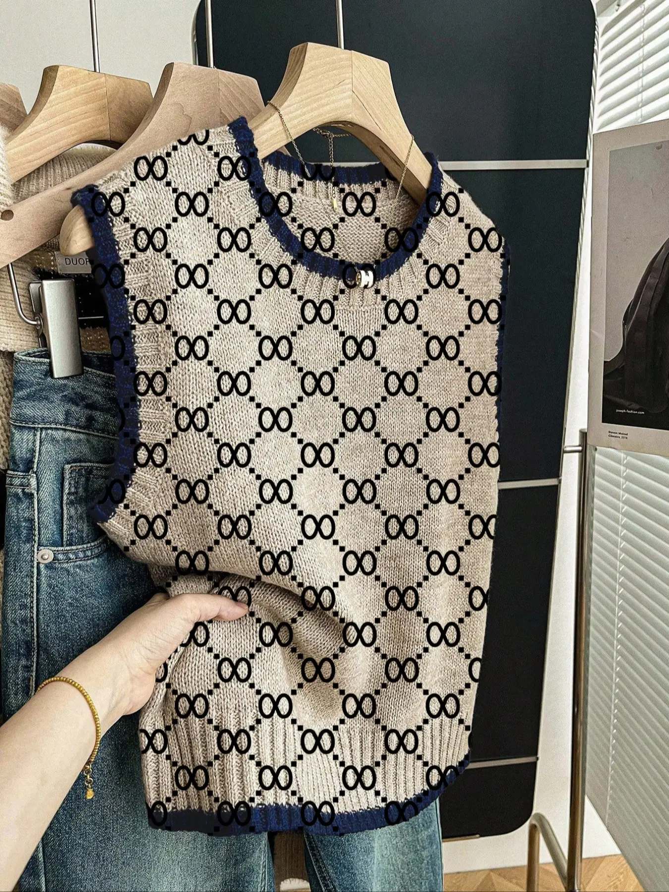 Women's Casual Loose-Fitting Round Neck Sleeveless Knit Top, Knitted Vest Top, Womenswear, Colorblock Deep Blue Edging Grid Print, Fall Winter Fashion