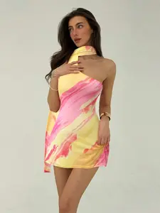 ARTYOTI Women's Batik Print Sleeveless Mini Shift Dress, Fashionable Single Strap Summer Summer Outfits Summer Clothes Beach Outfits For Woman Beach Vacation Vacation Outfits Woman Boho Tropical Vacation Woman Clothe Floral Backless Orange Gradient Strea