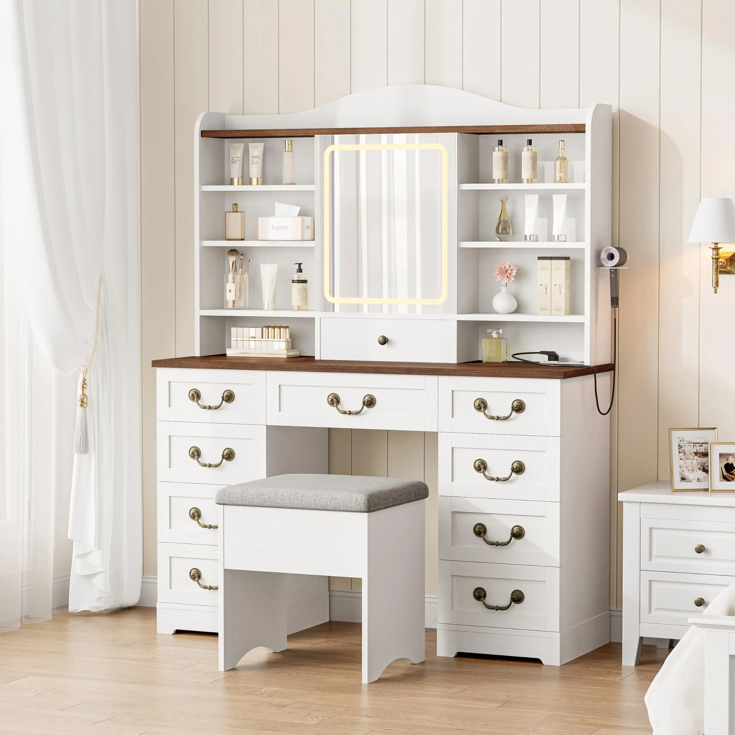 LED Adjustable Vanity Set with Lighted Mirror, Vanity Chair, 10 Drawers, 10 Shelves, Power Outlet - Heavy-Duty Space-Saving Home Supply for Bedrooms, Chair For Vanity