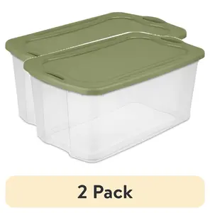 (2 pack) Sterilite EZ Carry 120 Quart Extra-Large Storage Bin, Clear Plastic Storage Container with Full-Grip Handles, Green