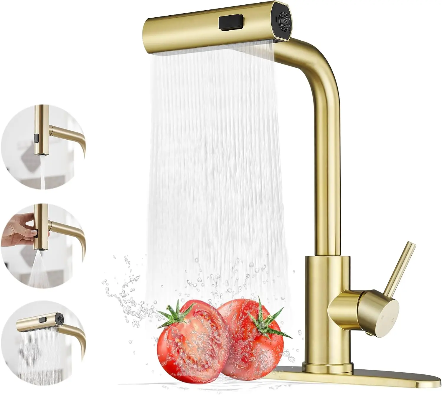 Gold Kitchen Faucet with Pull Down Sprayer,Waterfall Kitchen Sink Faucet,Commercial Utility Stainless Steel Kitchen Faucets,Single Handle Kitchen Sink Faucet with Pull Down Sprayer for 3 Function