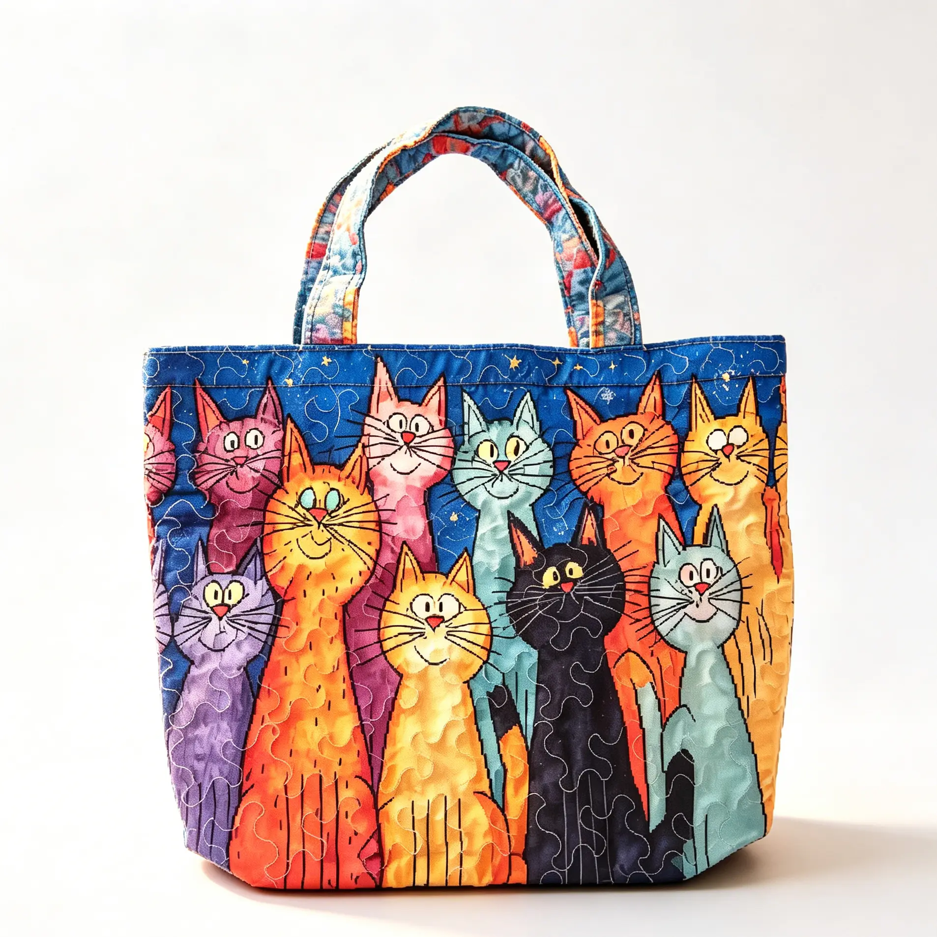 Boho Quilted Large Tote Bag - Bright Colorful Cute Cat Print, Lightweight Reusable Home Organizer Storage Shoulder Bag, Ideal Gift for Cat Lover Friends