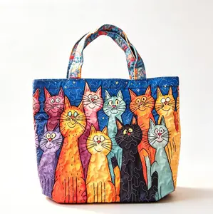 Boho Quilted Large Tote Bag - Bright Colorful Cute Cat Print, Lightweight Reusable Home Organizer Storage Shoulder Bag, Ideal Gift for Cat Lover Friends