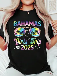 Bahamas Girls Trip 2025 Bahamas Girls Vacation Travel T-S Print T-Shirt Casual Crew Neck Short Sleeve Comfort Tee Top For Spring & Summer Women's Clothing