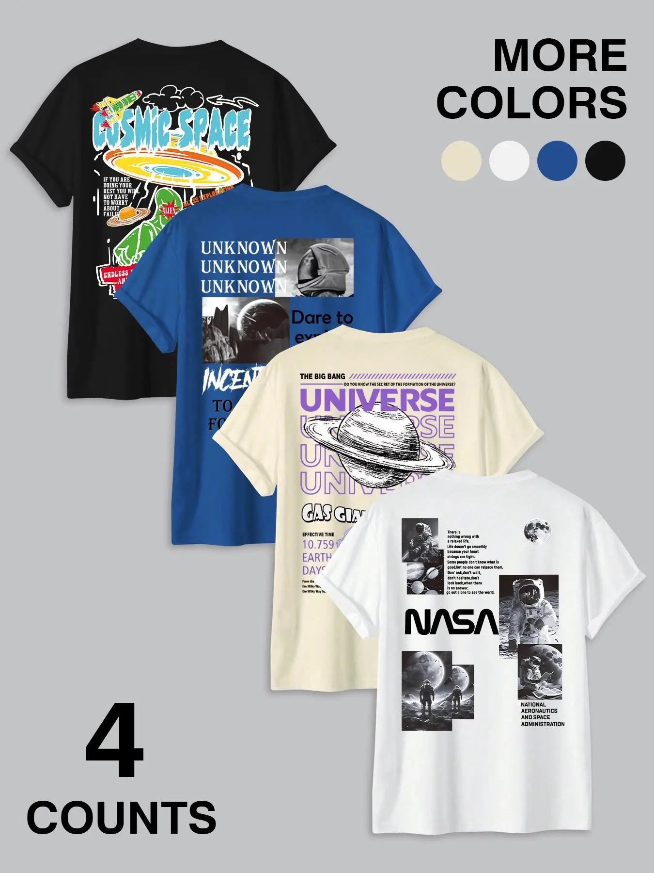 NASA & Space Graphic Fitted Short Crewneck T-Shirt Man 4-Pack - Cosmic Universe Print Casual Streetwear Tees