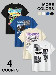 NASA & Space Graphic Fitted Short Crewneck T-Shirt 4-Pack - Cosmic Universe Print Casual Streetwear Tees