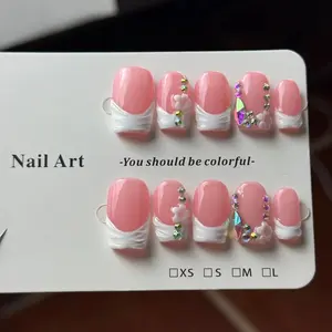 10pcs high-end Pink sweet and girlish style, hand-painted three-dimensional small flowers, sparkling accents small diamonds handmade Press On fake nails Glossy Finish