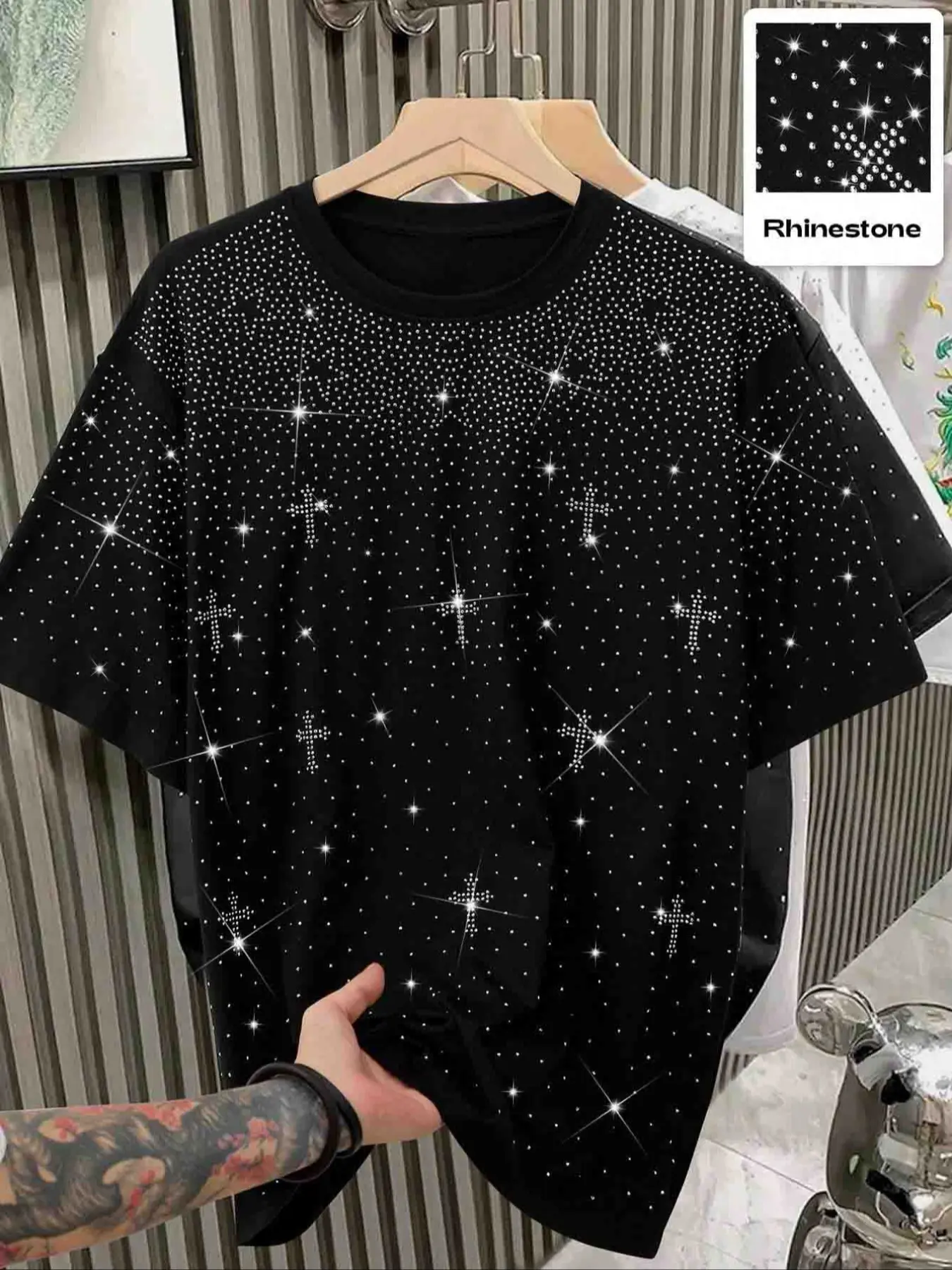 Men's short-sleeved shirt, black, Top, adorned with rhinestones, loose and square cut, mature urban casual streetwear style, suitable for work and everyday wear, also a perfect gift for boyfriend/husband, couple's set