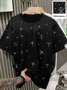 Men's short-sleeved shirt, black, Top, adorned with rhinestones, loose and square cut, mature urban casual streetwear style, suitable for work and everyday wear, also a perfect gift for boyfriend/husband, couple's set