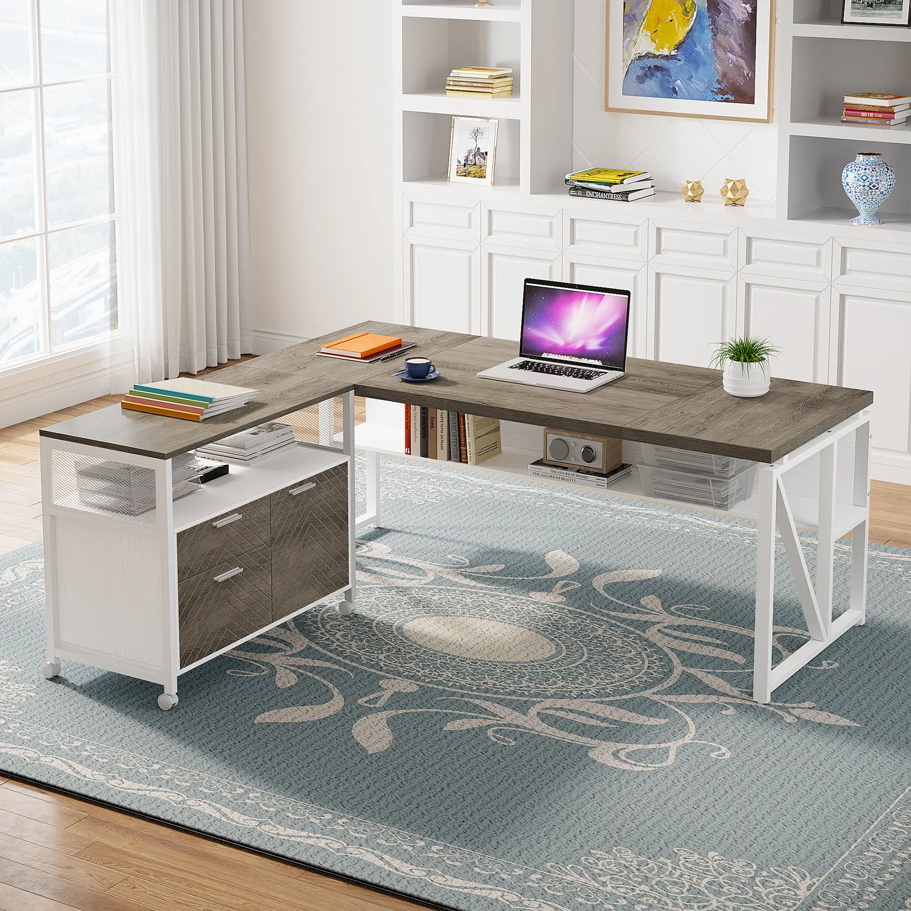 Tribesigns L-Shaped Executive Computer Desk 63" & 32" Mobile File Cabinet Dark Oak 2-Piece Home Office Set with Drawers & Lockable Doors